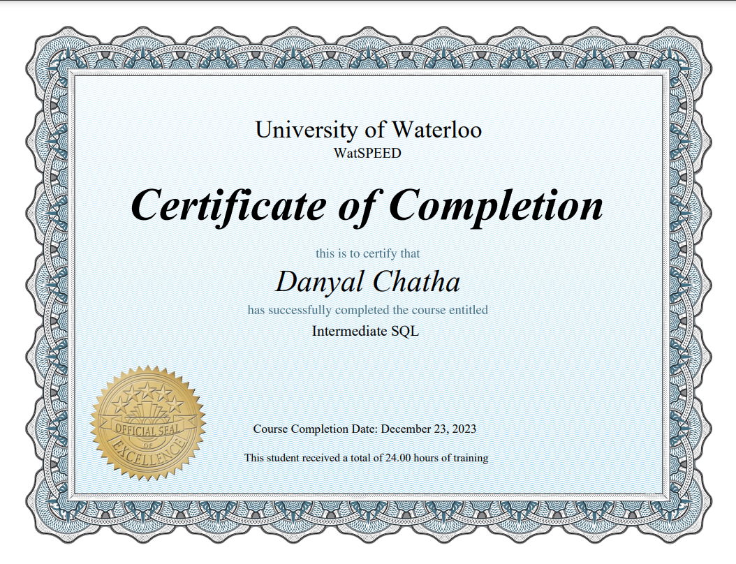 Intermediate SQL Certificate from the University of Waterloo